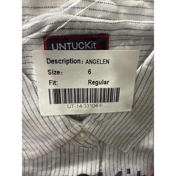 Untuckit Top Women 6 White Blue Stripe Angelen Linen Blend Button Down Shirt NWT - Picture 6 of 7